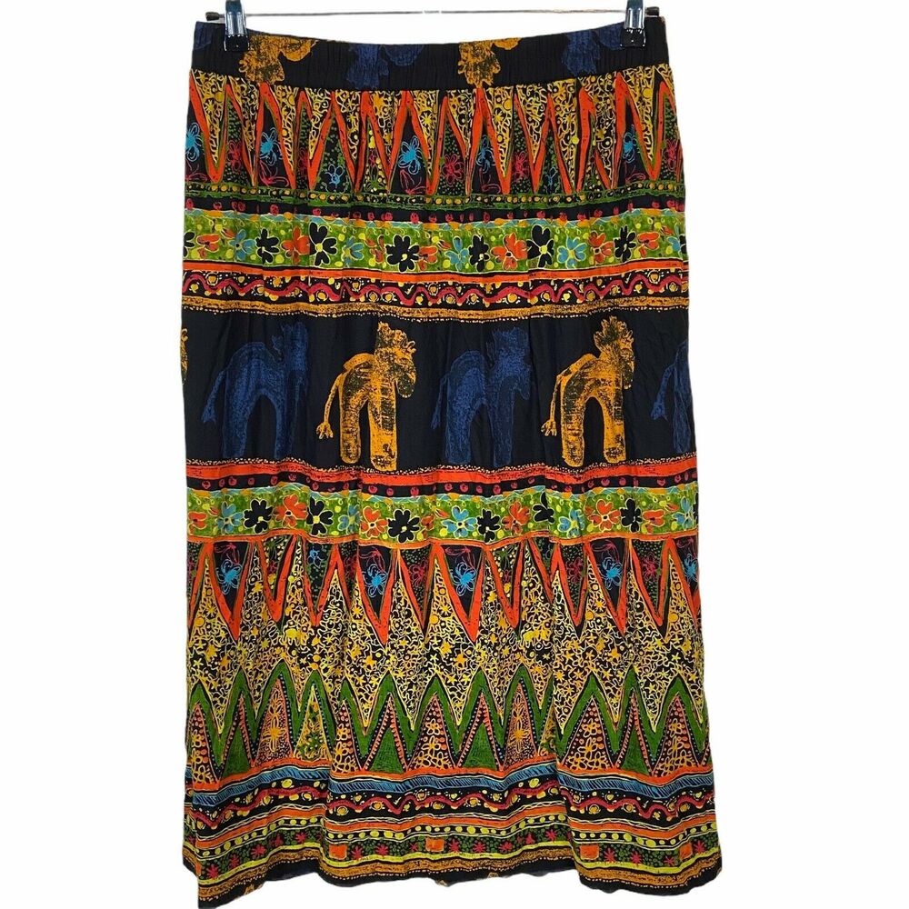 Horse Skirt 80s 90s Vintage Sharon Anthony Women's Navy Orange Green Tribal 18